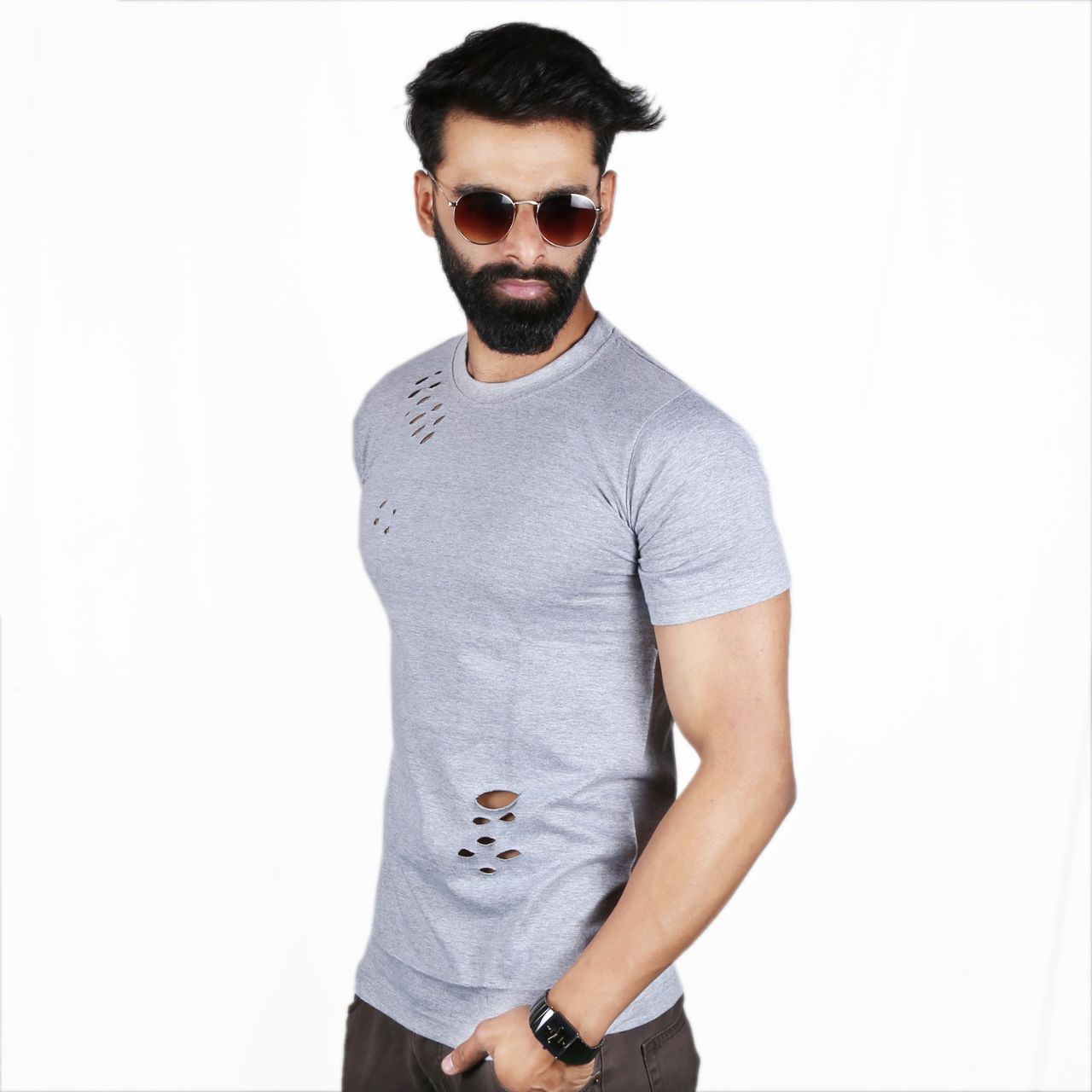 Buy The Royal Swag Men's Cotton Tee- Antra Melange Ripped Torn Online ...