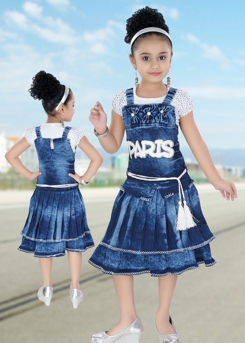 Buy Meia for girls Blue denim Top & dungaree frock set Online @ ₹1199 ...