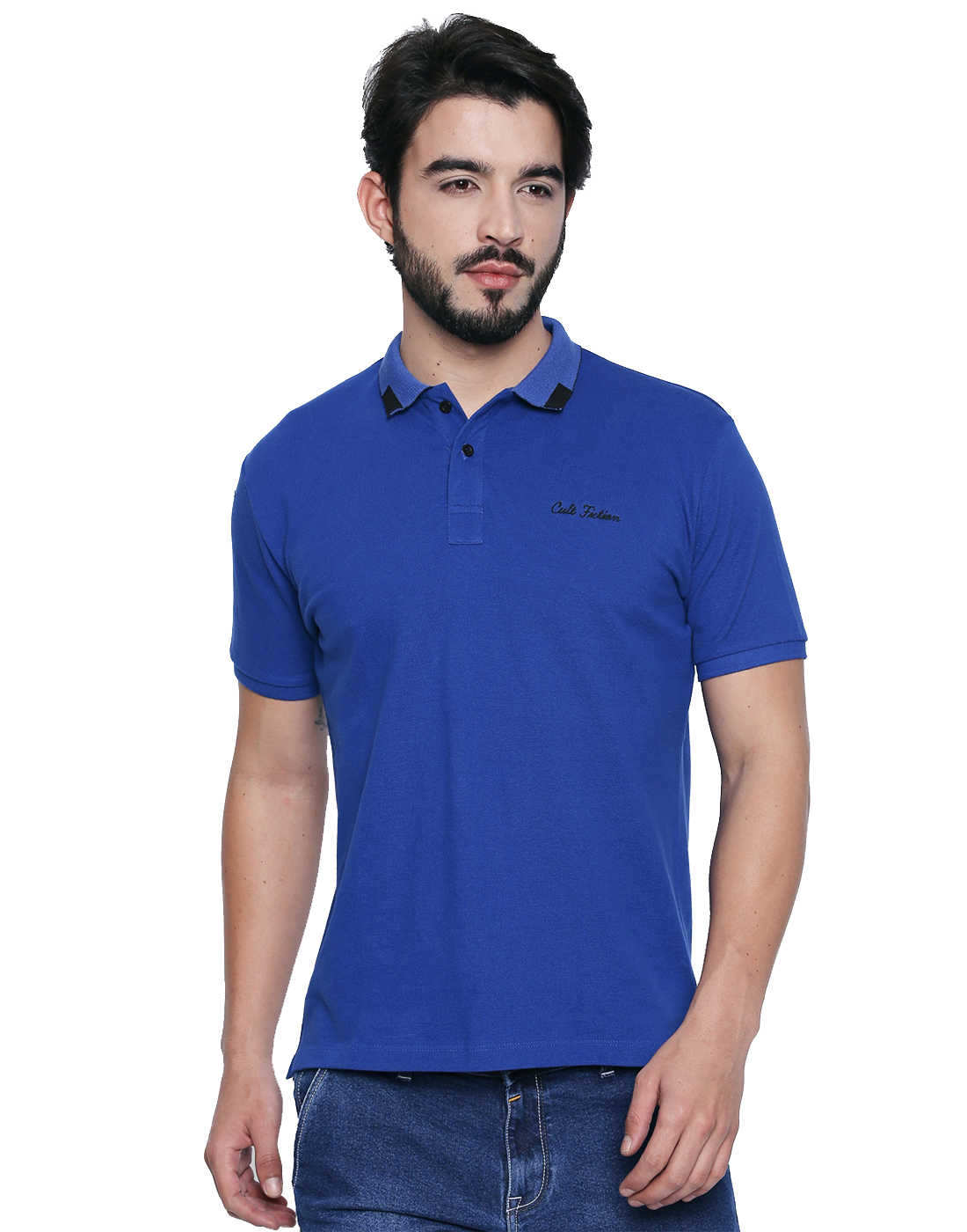Buy Cult Fiction Polo Neck Royal Blue Embroidered 100 Cotton Pique ...