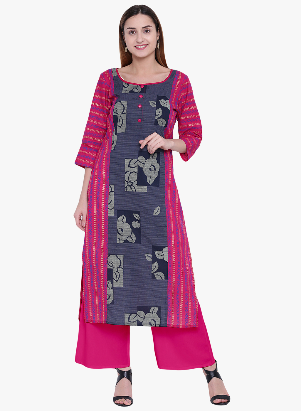 White and Pink Block Printed Long Kurti for Women