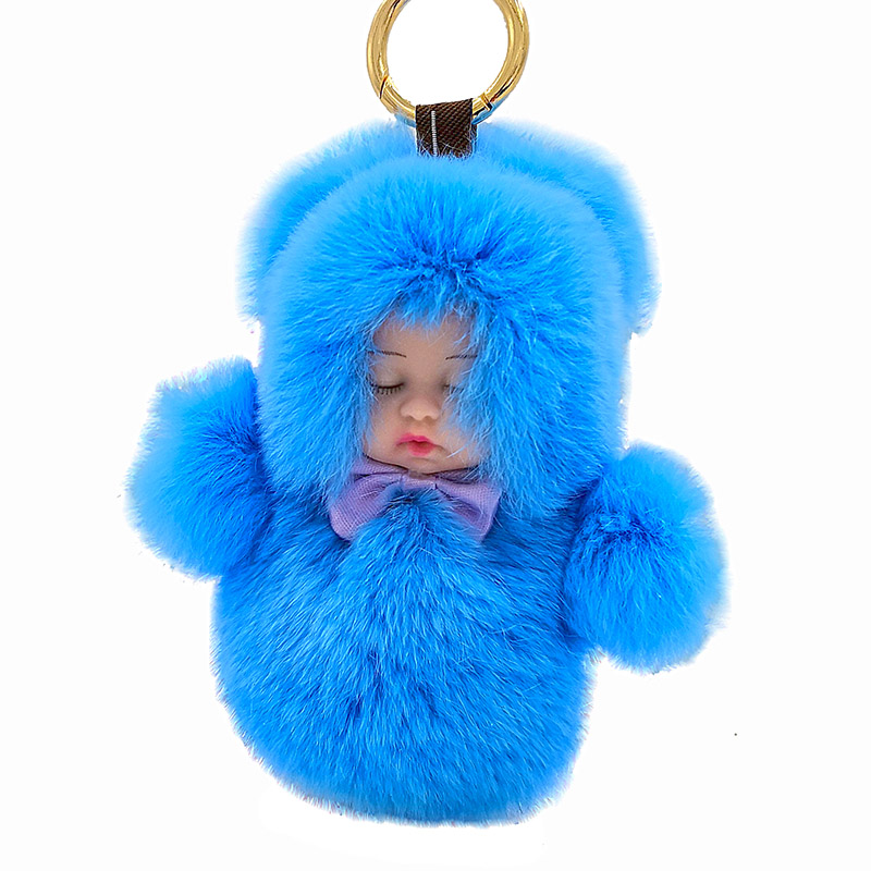 Buy Sleeping baby doll Women Gold KeyRing Pom Pom Rabbit Fur Ball KeyChain Sky Blue Colour