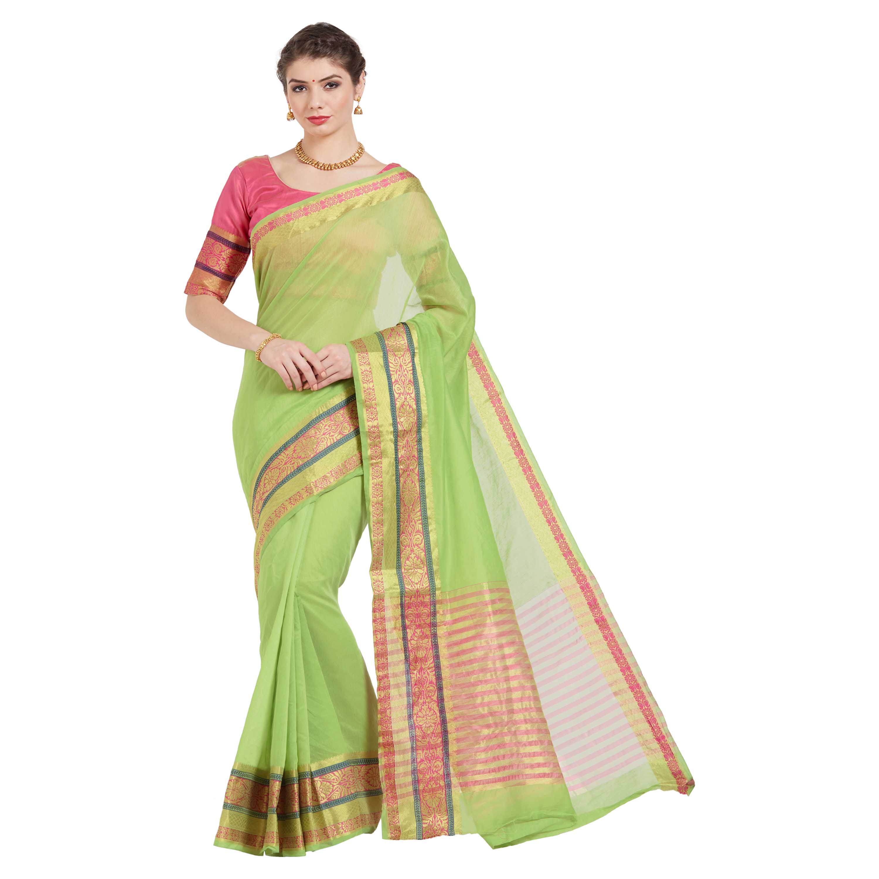 Green and Pink Zari Woven Cotton Silk Saree