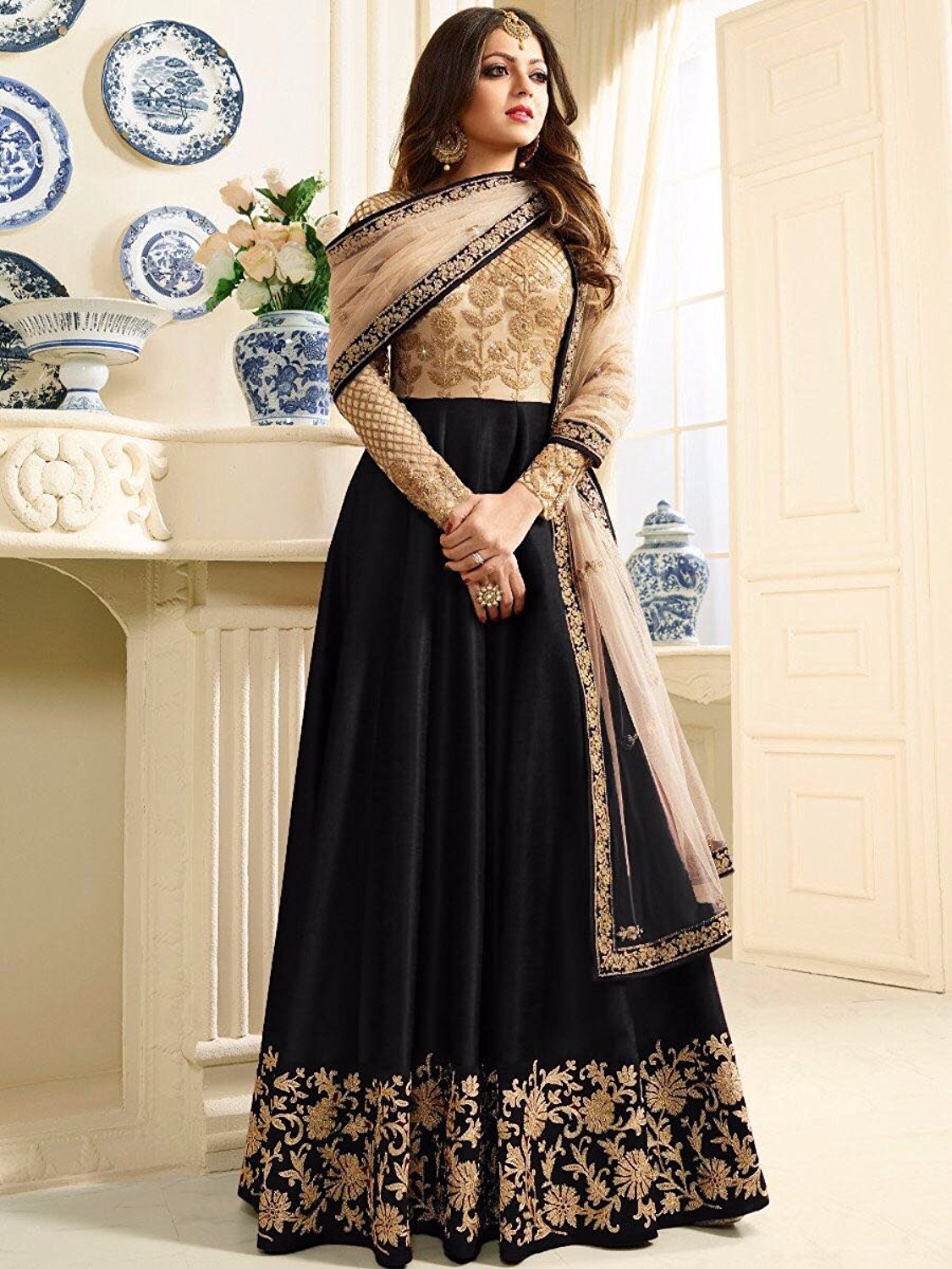 Buy Salwar Soul Womens Black Banglory Silk And Net Womens Semi Stitched Long Anarkali Suit For