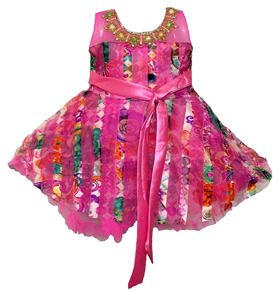 Buy All About Pinks' Net Frock in Floral Stripes in Pink Colour Online ...