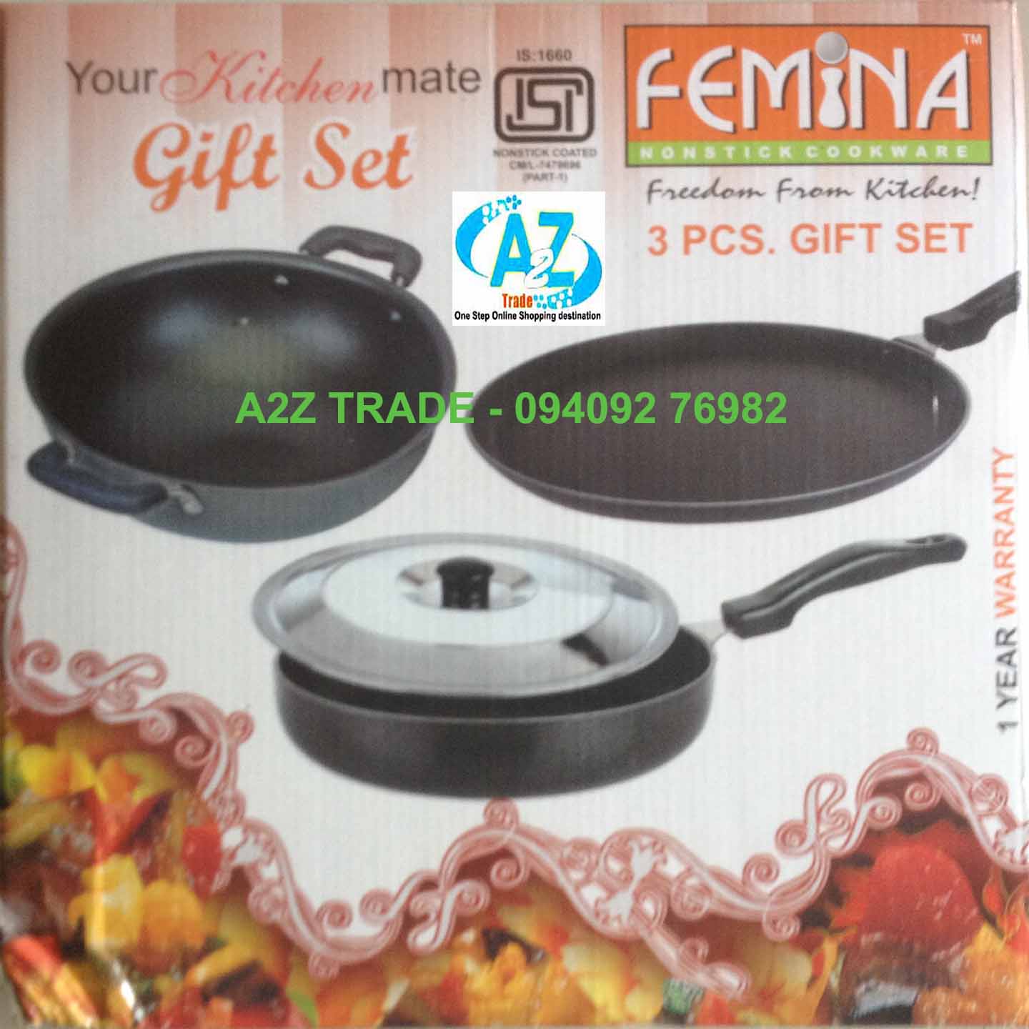 Femina Non Stick Gift Set ISI of 3 Pcs Kadai, Fry Pan And Omni Tawa