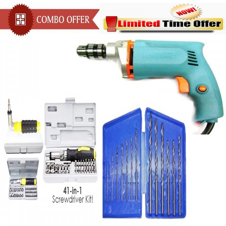 Buy Combo of 10mm drill machine + drill bit set + 41 pcs tool set
