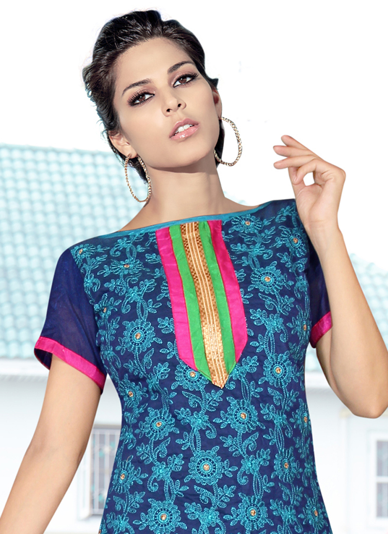 Buy Vastrani Blue Pink Ladies Wonderful Chanderi Cotton Dress Material ...