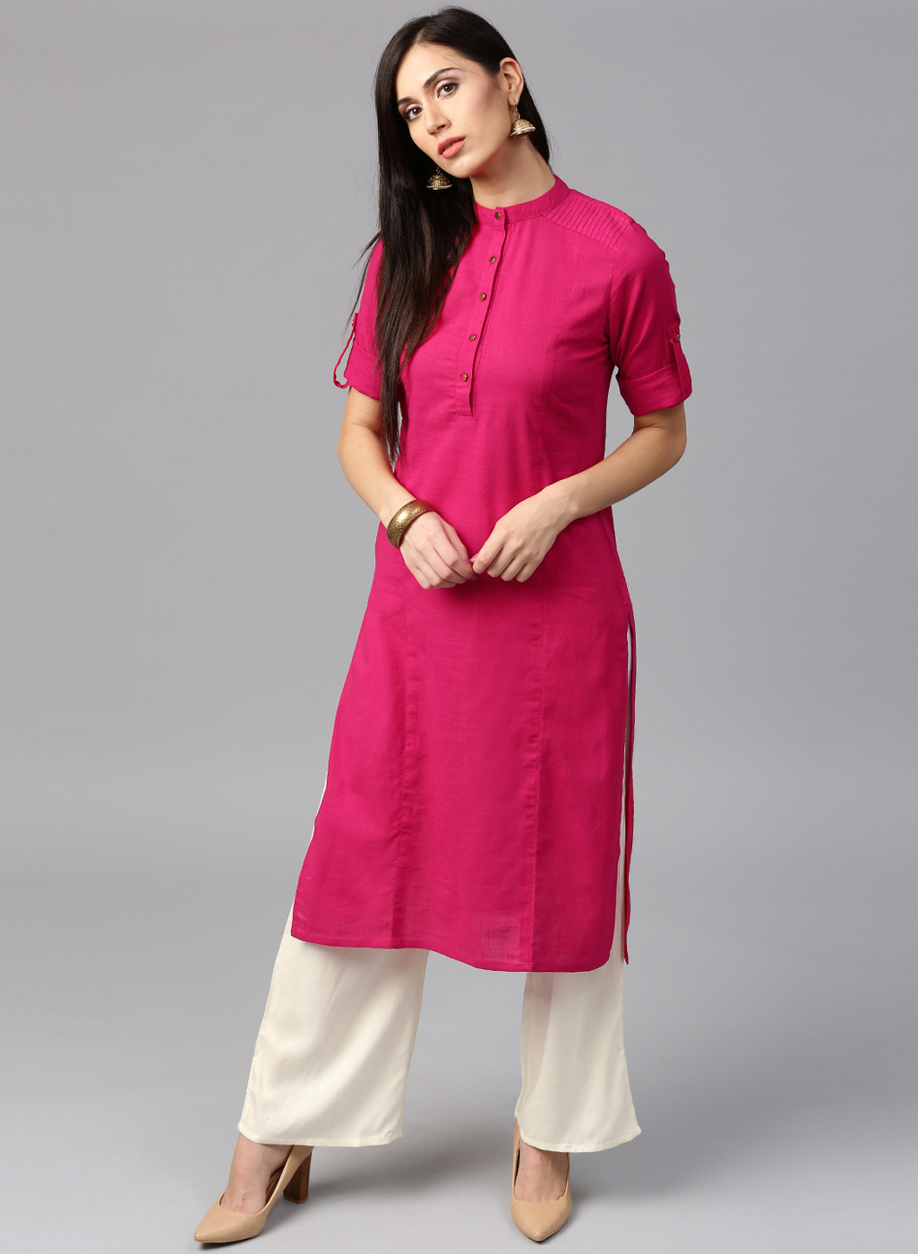 Buy Jaipur Kurti Pink Solid Kurta with Off-white Palazzo Online @ ₹2679 ...