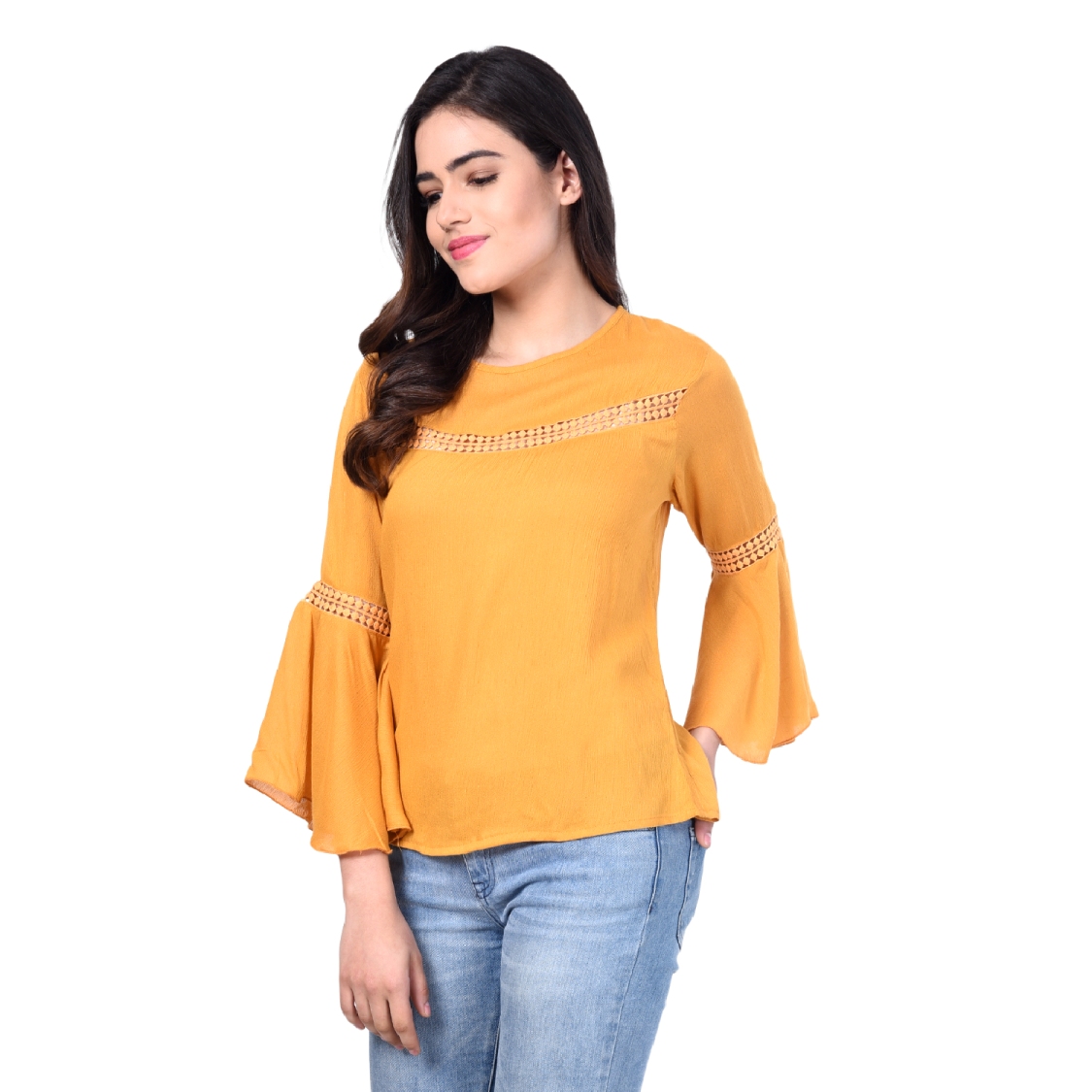 Buy Rosella Mustered Cotton Bell Sleeve Top with Les Online @ ₹999 from ...