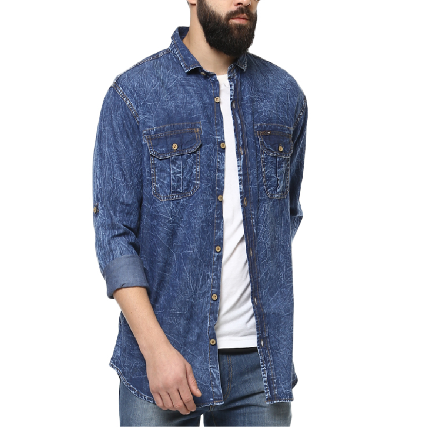 Urbano Fashion Men'S Blue Denim Solid Casual Shirt