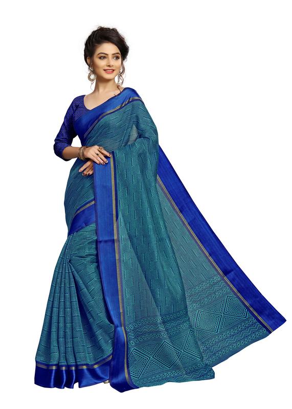 Buy Kotton Mantra Blue Linen With Zari Border Printed Designer Saree ...