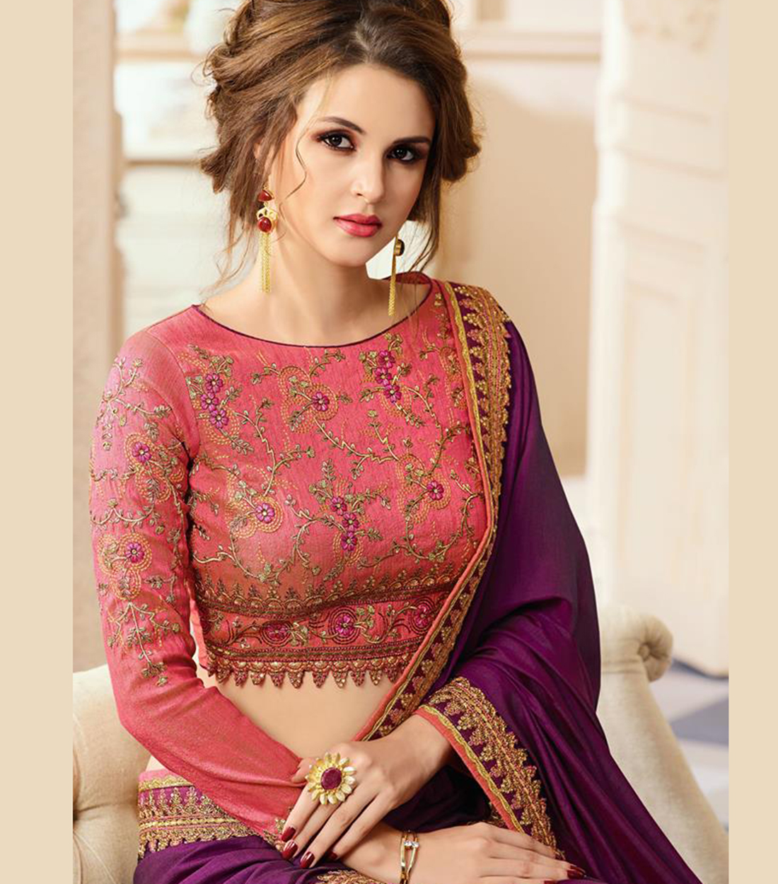 Buy Febo Fashion Wine Color Embroidered Sari(Pari/300) Online