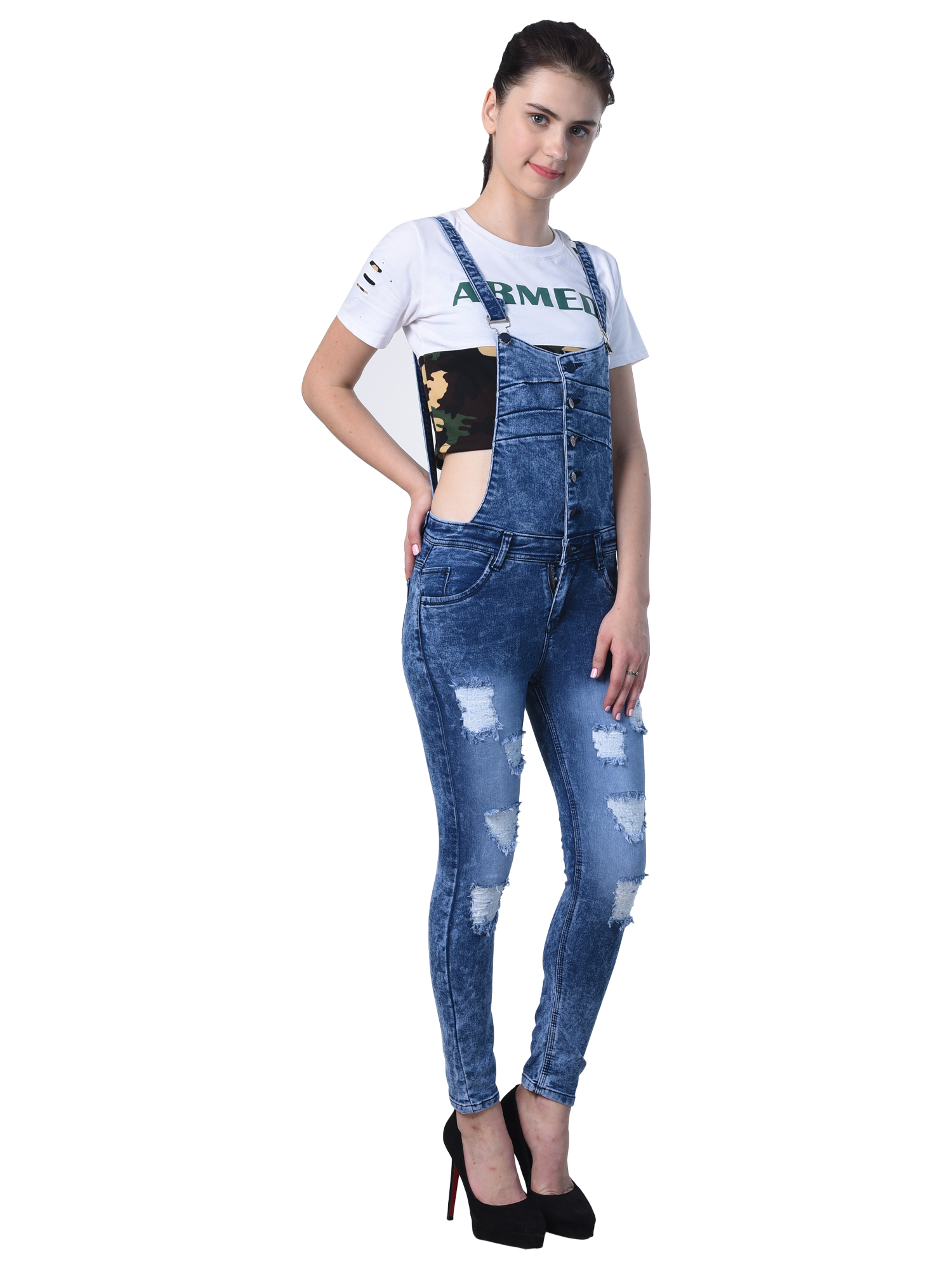 Buy Code Yellow Women's Denim Ripped Dungarees Blue Online ₹799