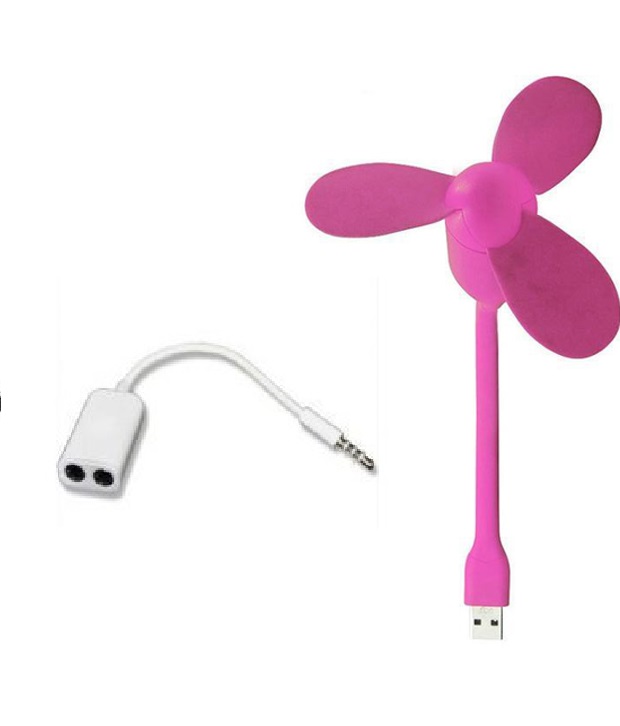Combo of USB Fan and Aux Splitter Cable  Assorted Colors 