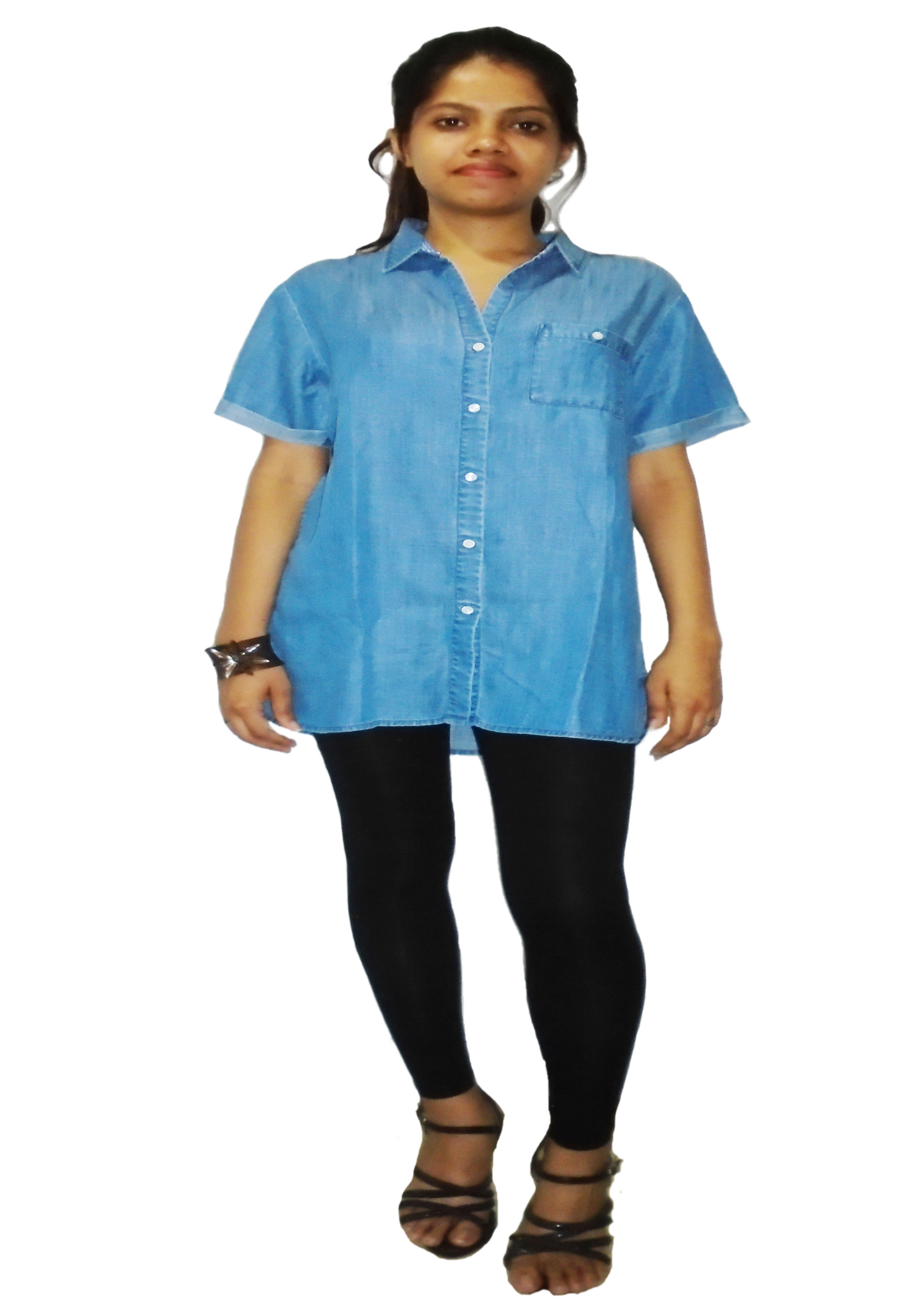 Tencel Denim Blue Washed Short Sleeve Girls Shirt