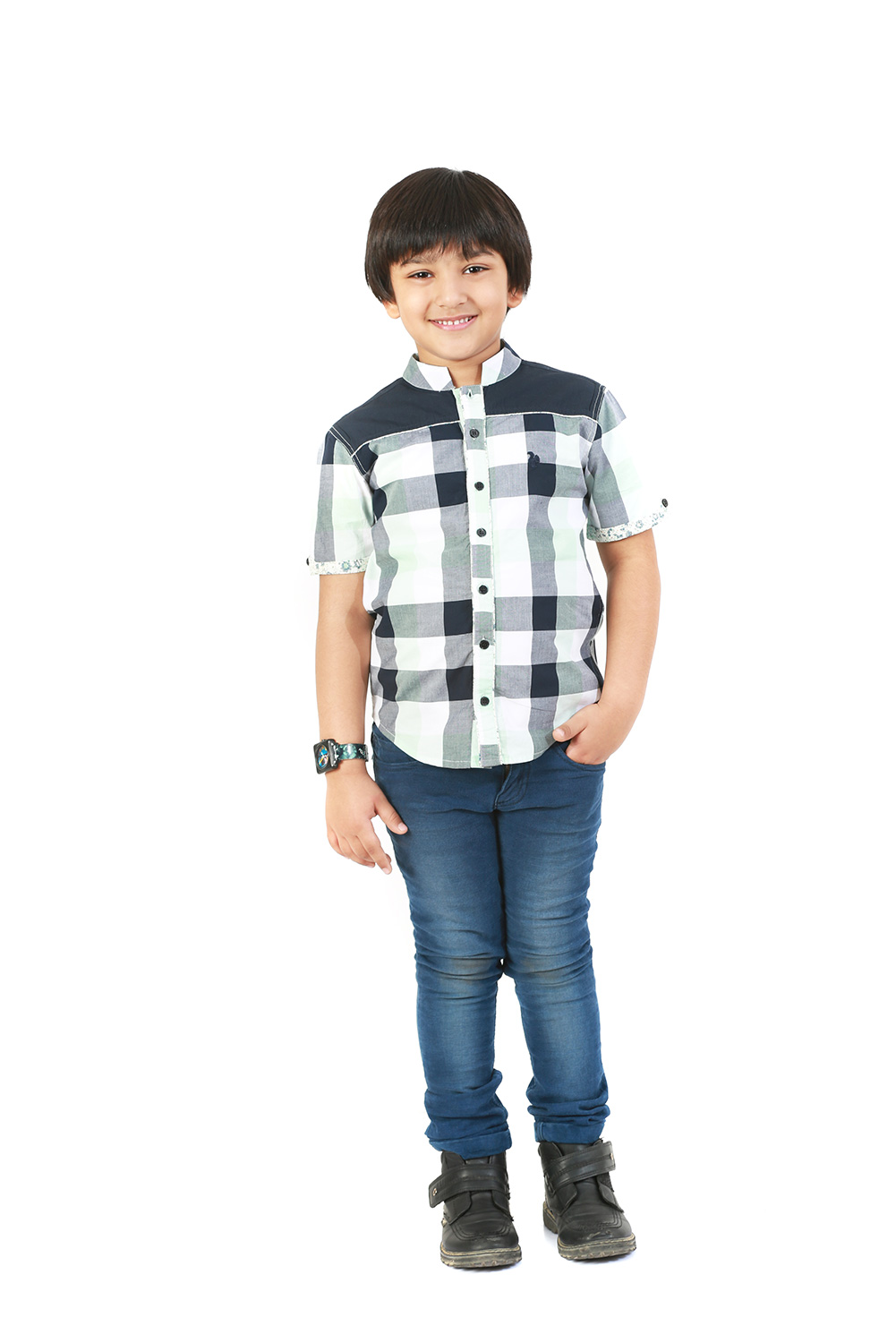 Buy Kidopedia boys Cotton Sea Green Check Shirt Kids Blue White Checks ...