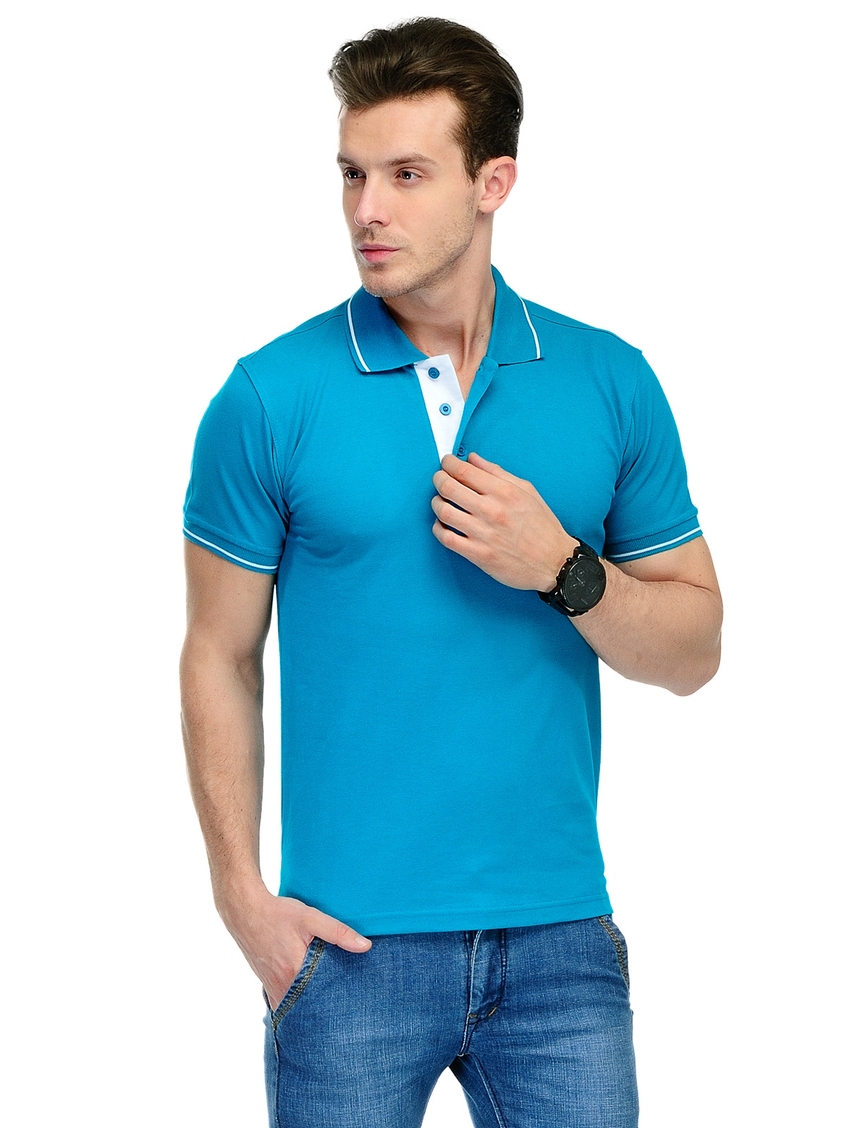 Buy Scott Men's Premium Cotton Polo T-shirt with Tipping - Turquoise ...