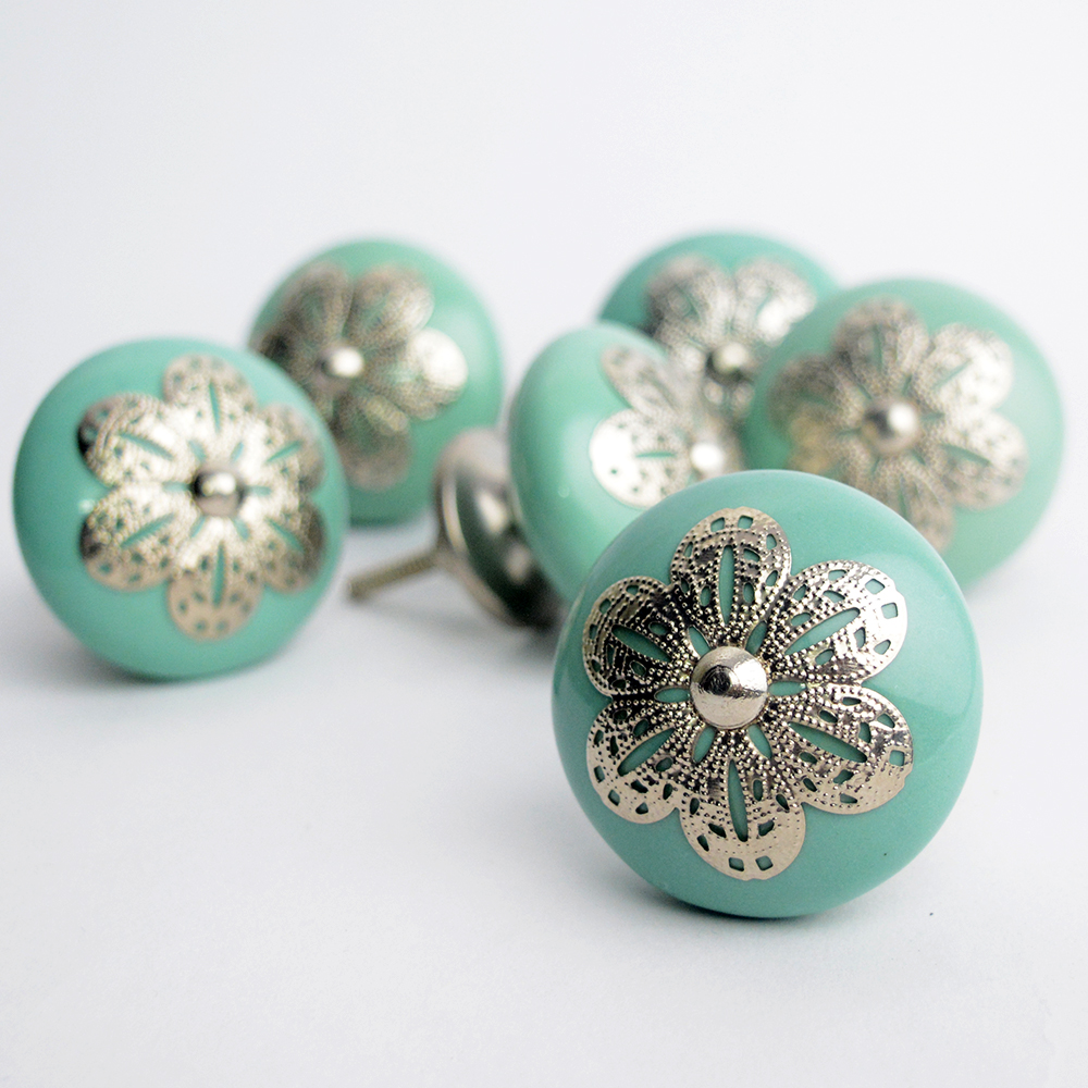 Buy Casa Decor Pack of 6 Silver Rose Turq Ceramic Cupboard Door