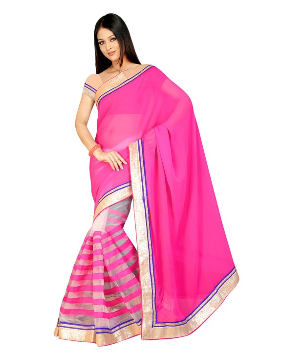 Sareez hpuse Designer Pink Chiffon & White Net Saree With Unstitched Blouse
