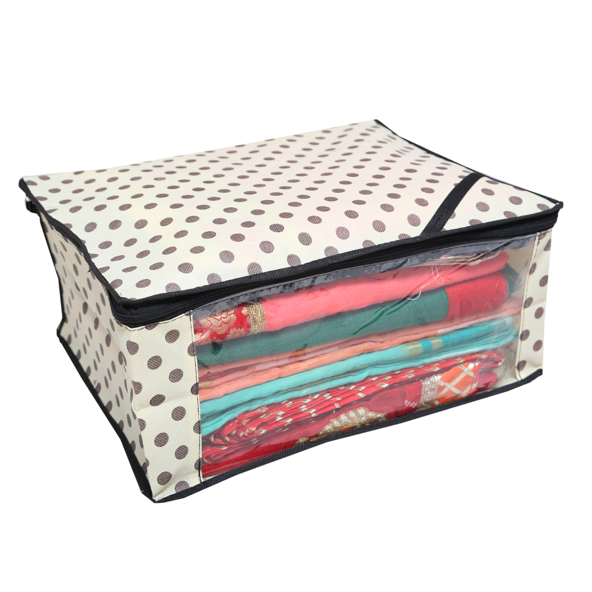 Kuber Industries Non Woven Polka Dots Designer Saree Cover Set of 2 Pcs Orange + Ivory