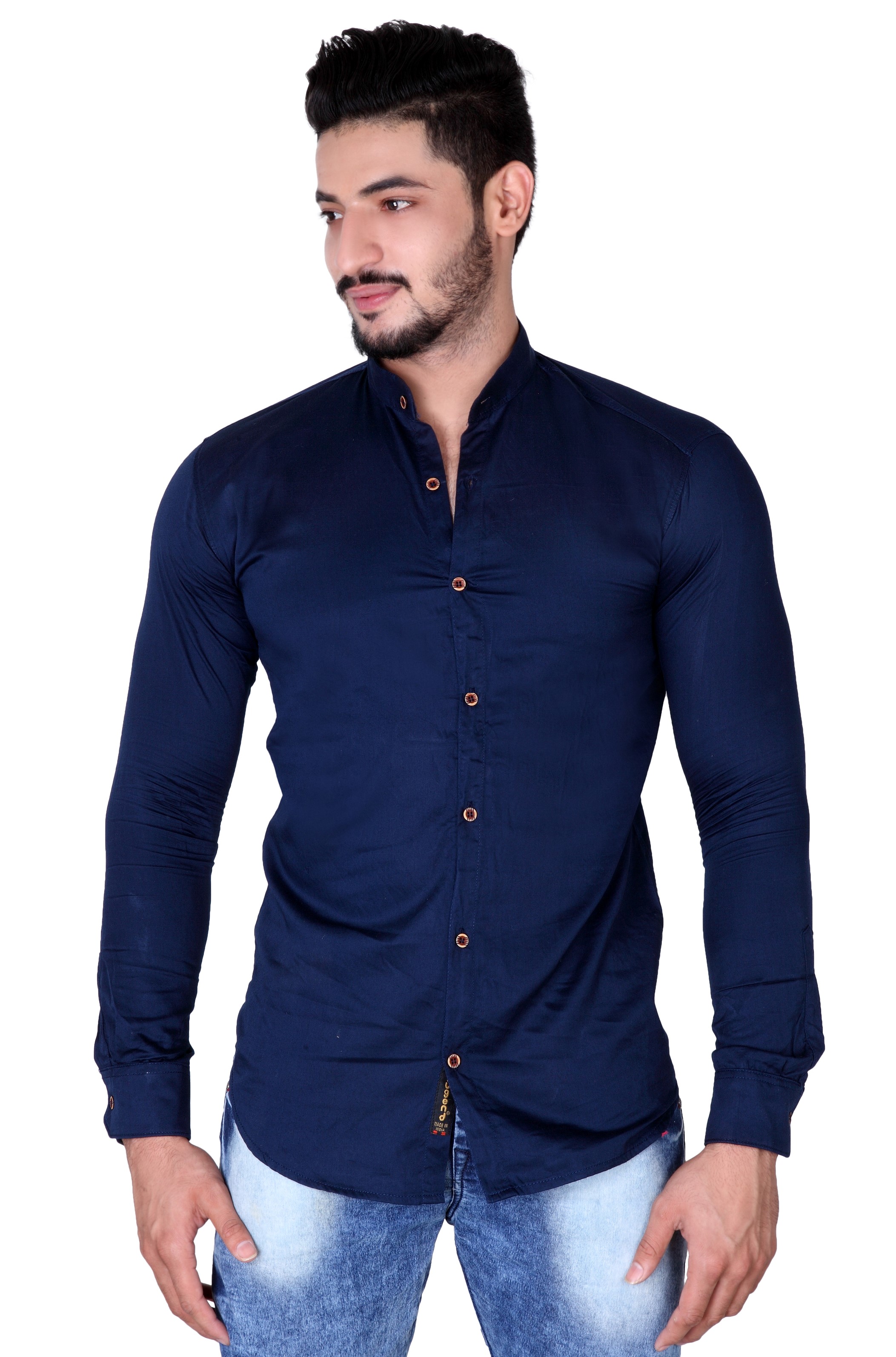 Buy Jugend Solid Casual Full Sleeves Mandarin Collar Slim fit Navy Blue ...