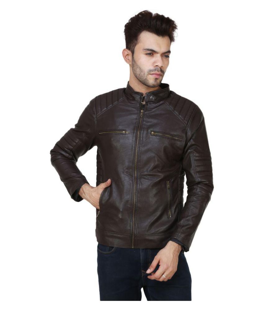 Buy Pu Leather Plain Dark Brown Winter Casual wear Biker Jacket For Men ...