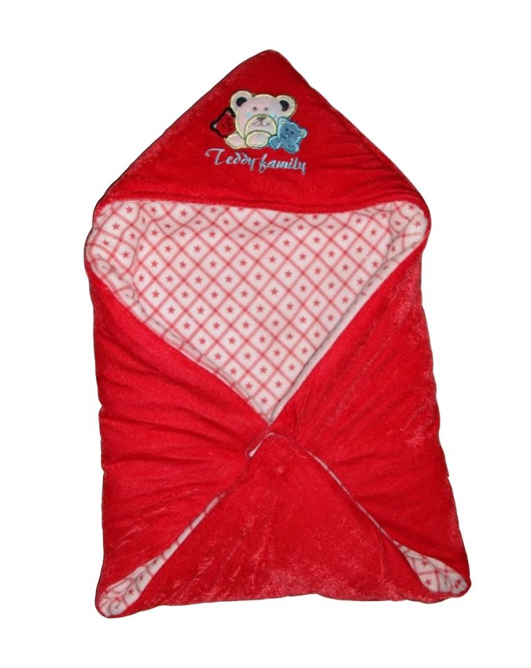 Teddy Family Hooded Shearing Velvet Red Baby Blanket