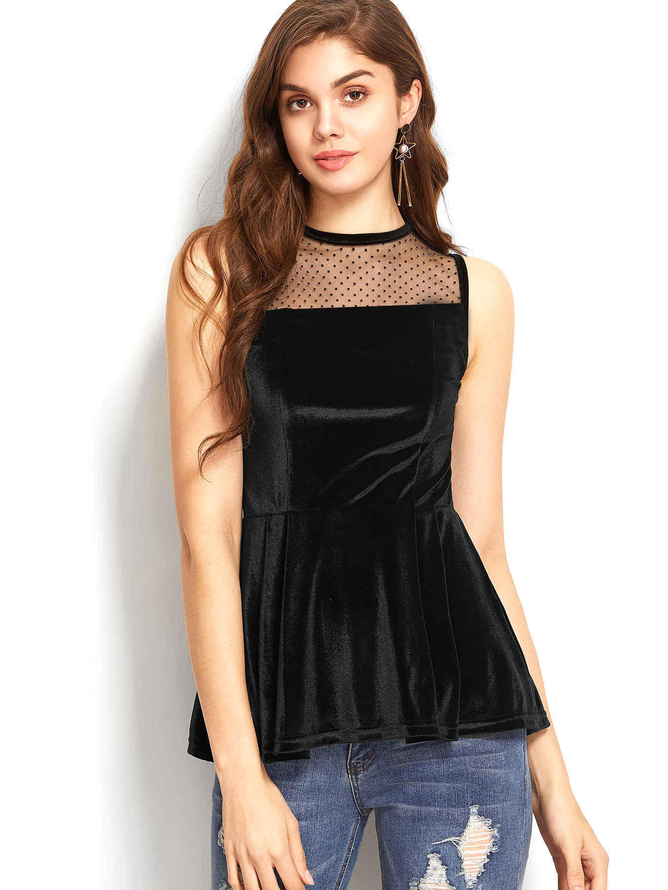 Buy Aashish Fabrics - Black Net Sleeveless Peplum Velvet Top Online ...