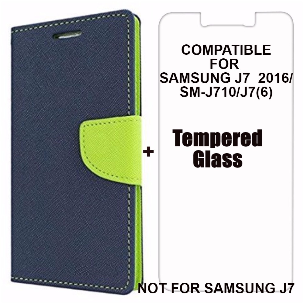 Mobimon Mercury Wallet Dairy Flip Cover for Samsung Galaxy J7 6 / J7 2016 / J710 Premium Quality Blue +Tempered Glass