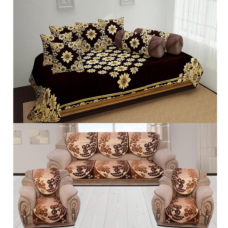 Buy The Intellect Bazaar 500 TC Chenille Sofa Cover and Diwan Set Combo, Brown Online ₹1999