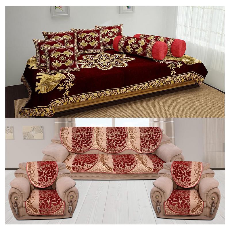 Buy The Intellect Bazaar 500 TC Chenille Sofa Cover and Diwan Set Combo, Maroon and Red Online