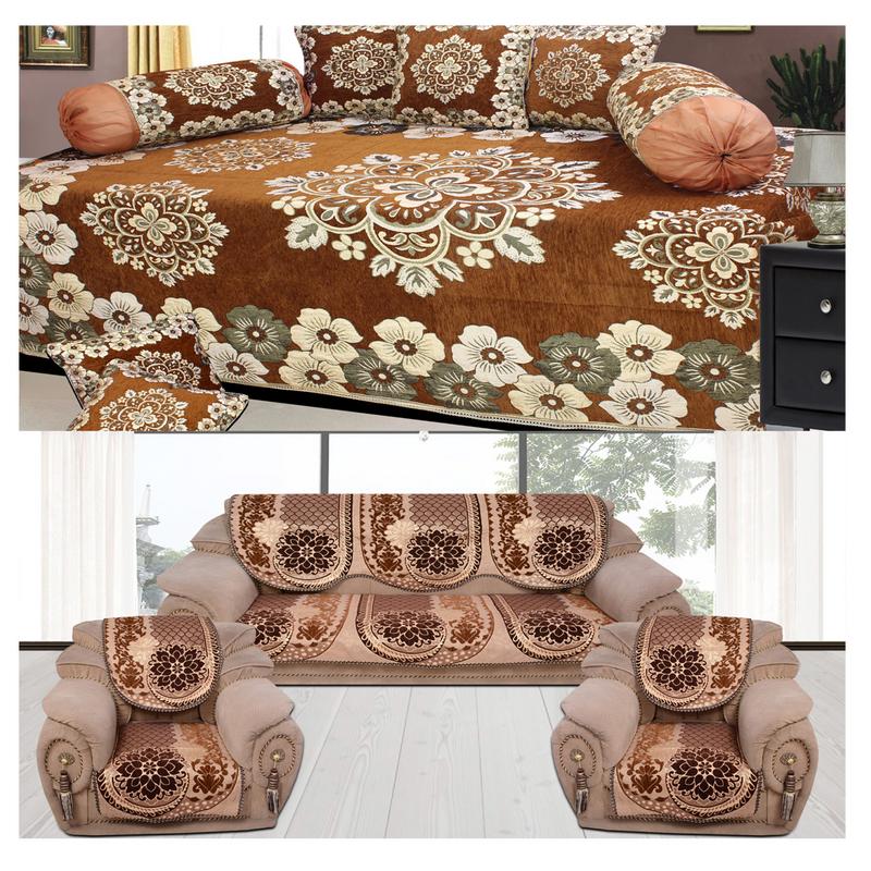 Buy The Intellect Bazaar 500 TC Chenille Sofa Cover and Diwan Set Combo, Brown Online ₹1999
