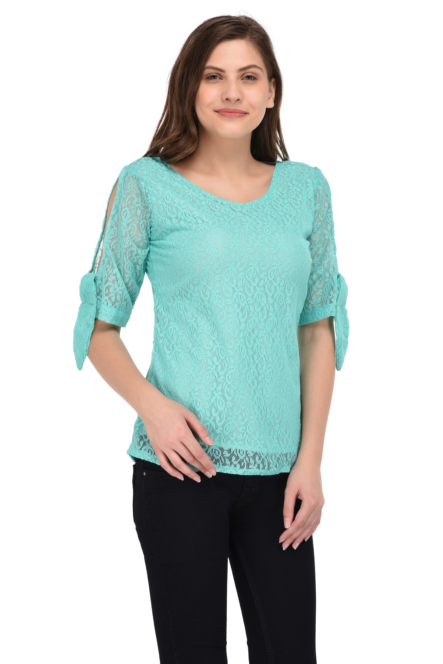 Buy Fashion Bea Turquoise Cut-Out Sleeves 3/4th Sleeves Net Top Online ...