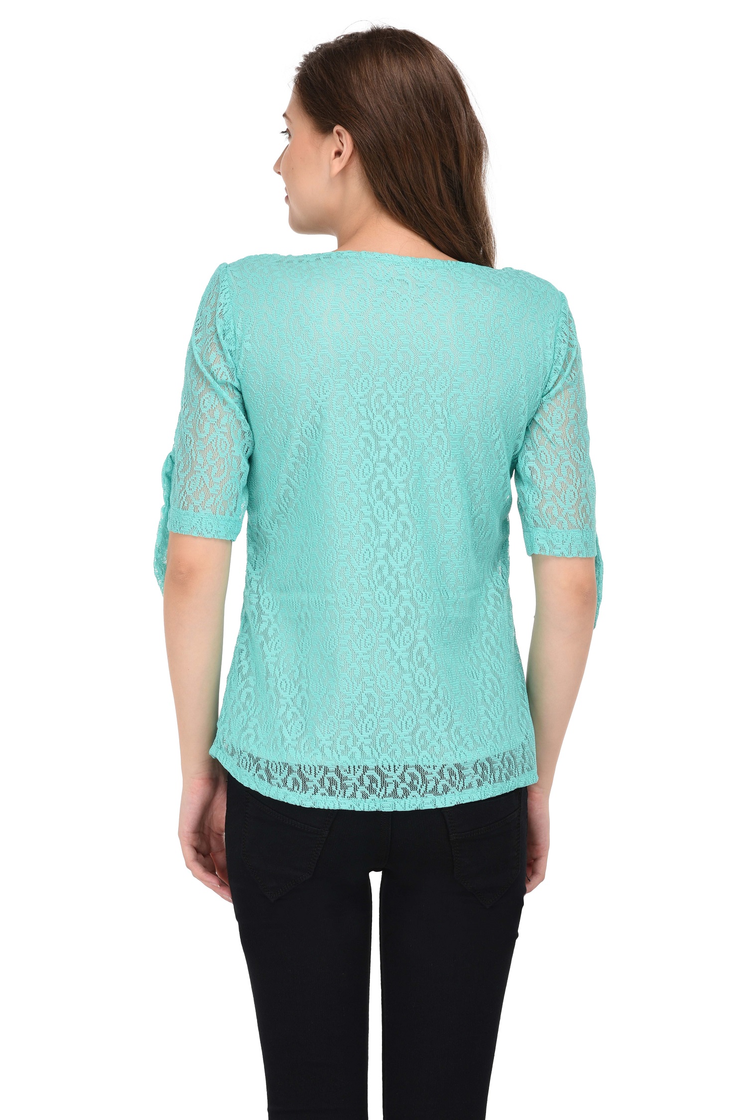 Buy Fashion Bea Turquoise CutOut Sleeves 3/4th Sleeves Net Top Online