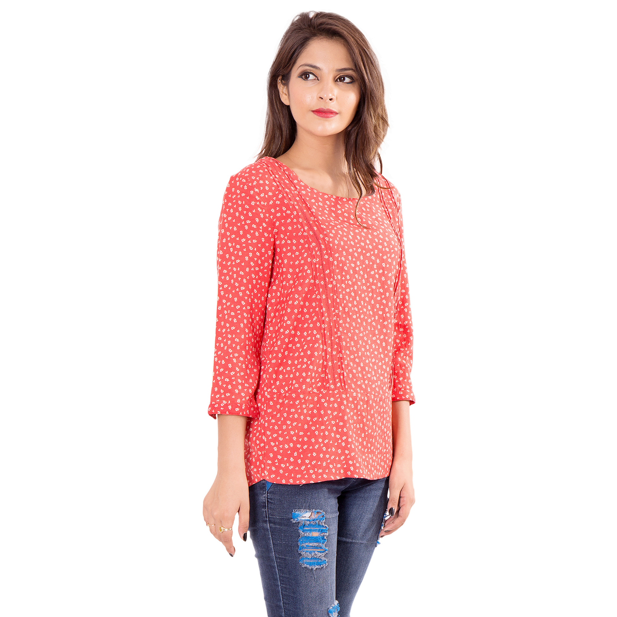 Buy Goodwill Women'S Casual Wear 3/4Th Sleeve Printed Orange Cotton Top ...