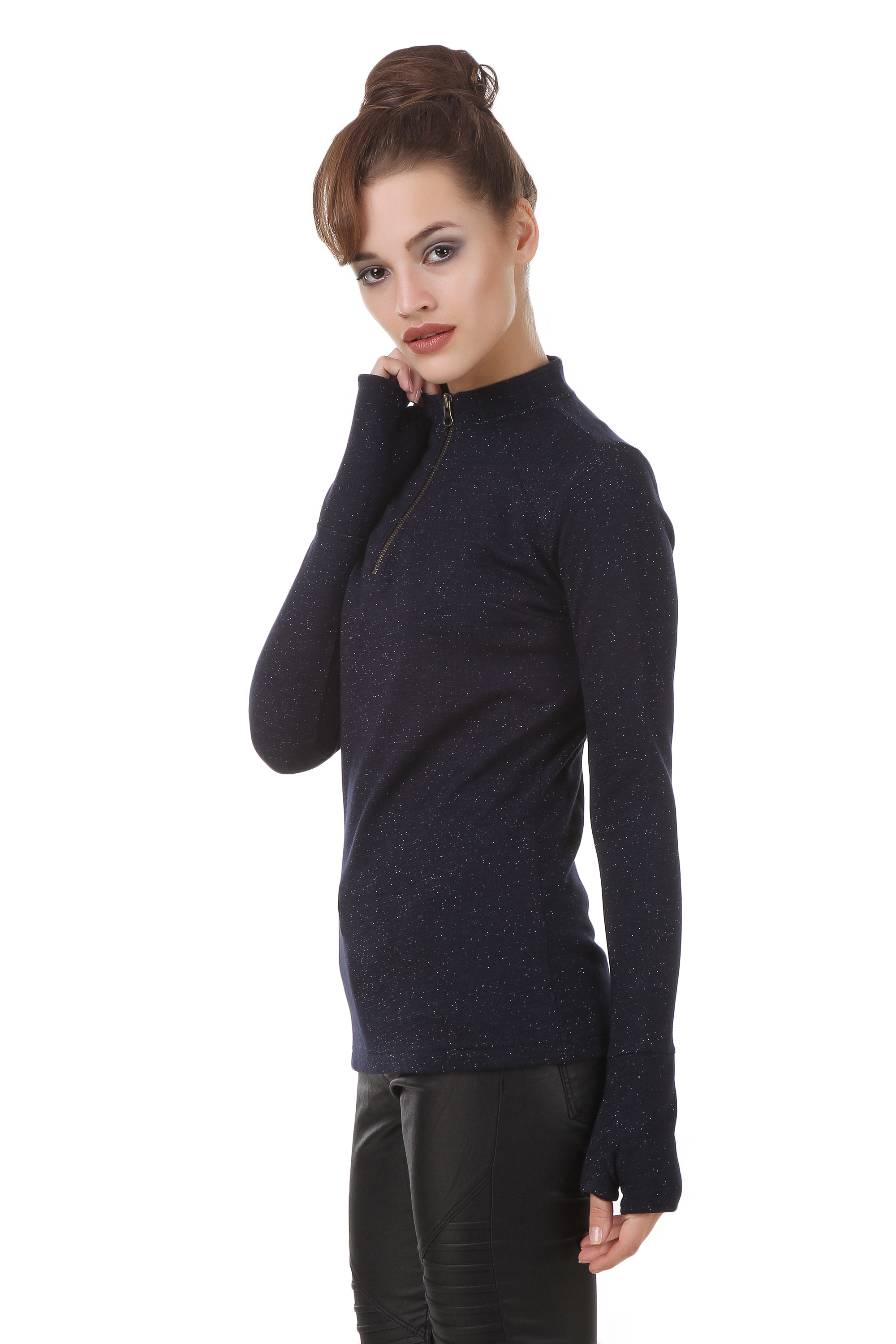 Buy Texco Lurex Navy Zipper Mock Neck Well Crafted Sweatshirt With ...