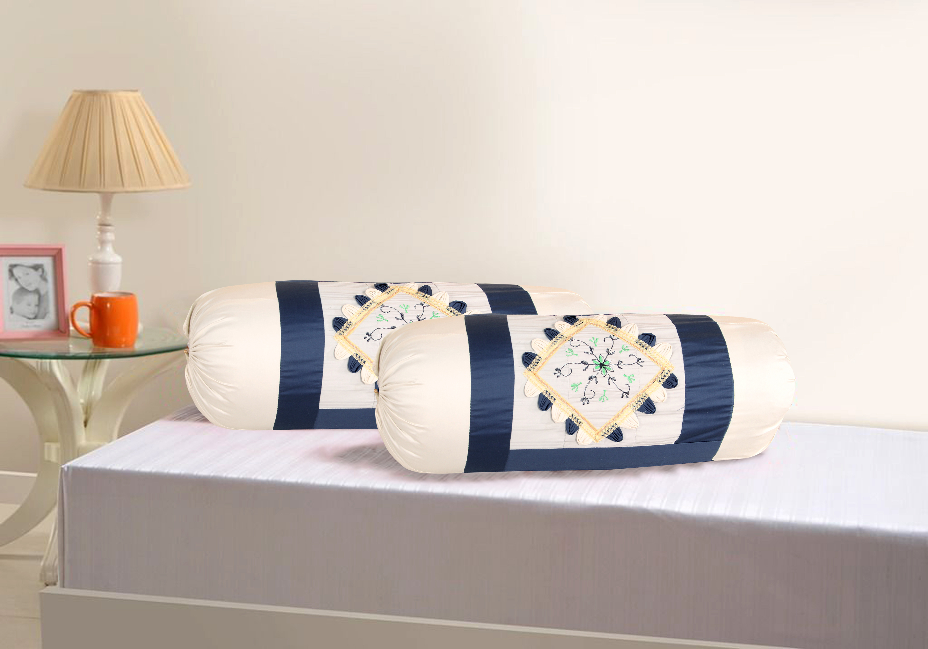 Buy Amayra Embroidered Blue White Bolster Covers, Set of 2 (16x31 inch