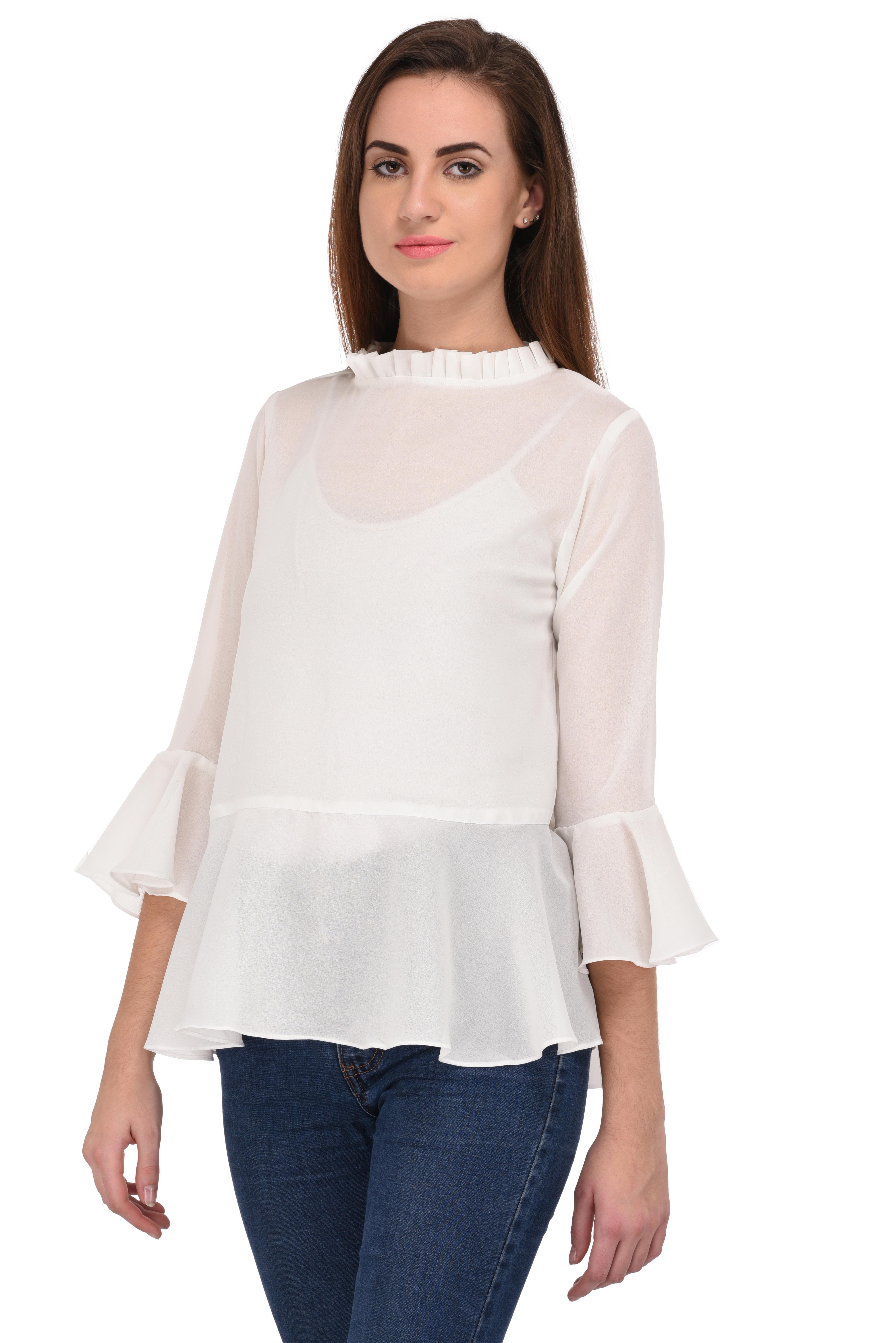 Buy Kooo women's white georgette pleated neck flair sleeve top Online ...