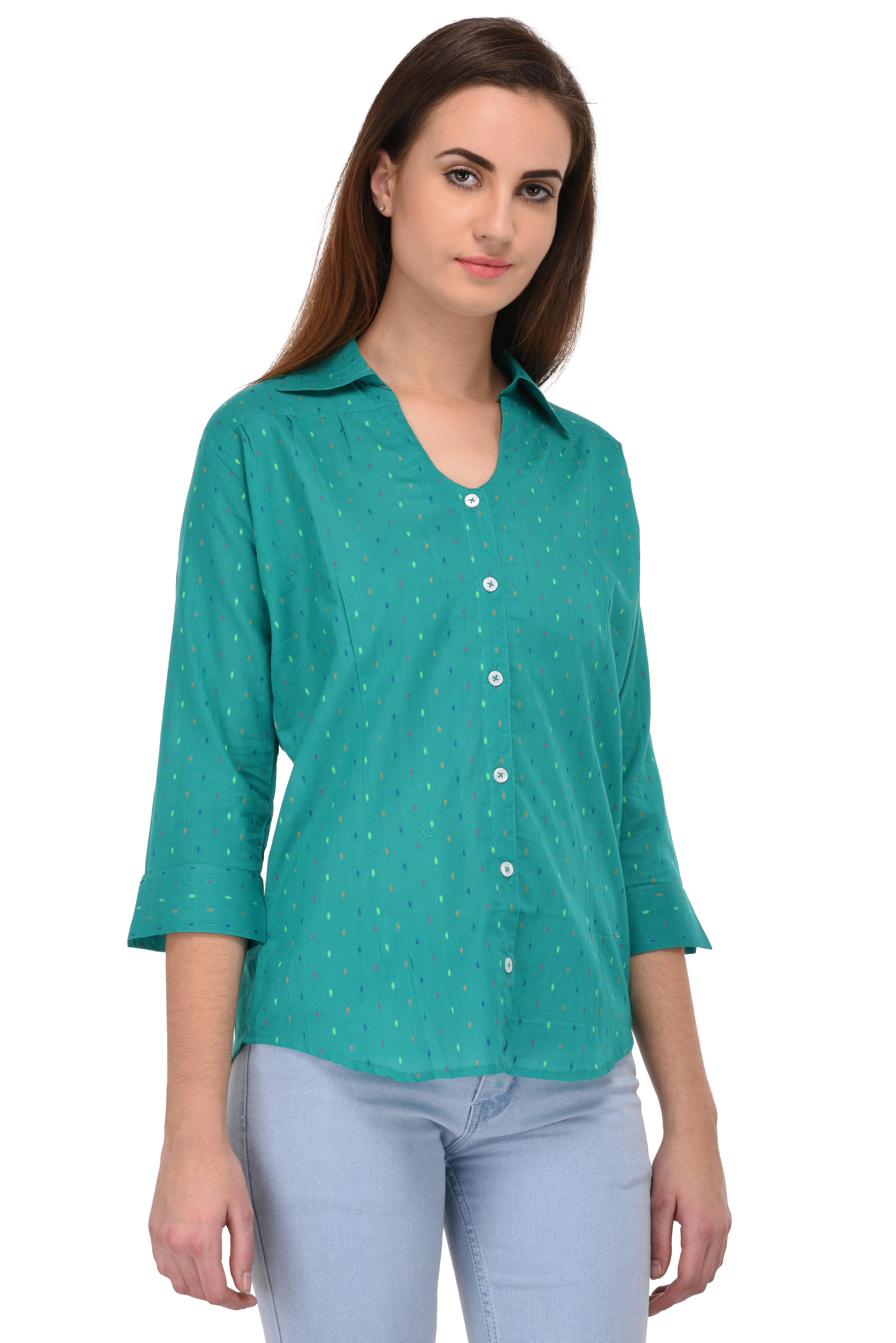 Buy Kooo Women's Peacock Blue Multi Dot V Neck 3/4 Sleeve shirt Online ...