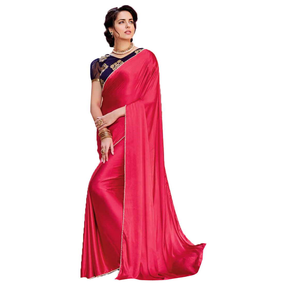 Women's Satin Silk Bronze Embroidered Designer Saree With Blouse Piece