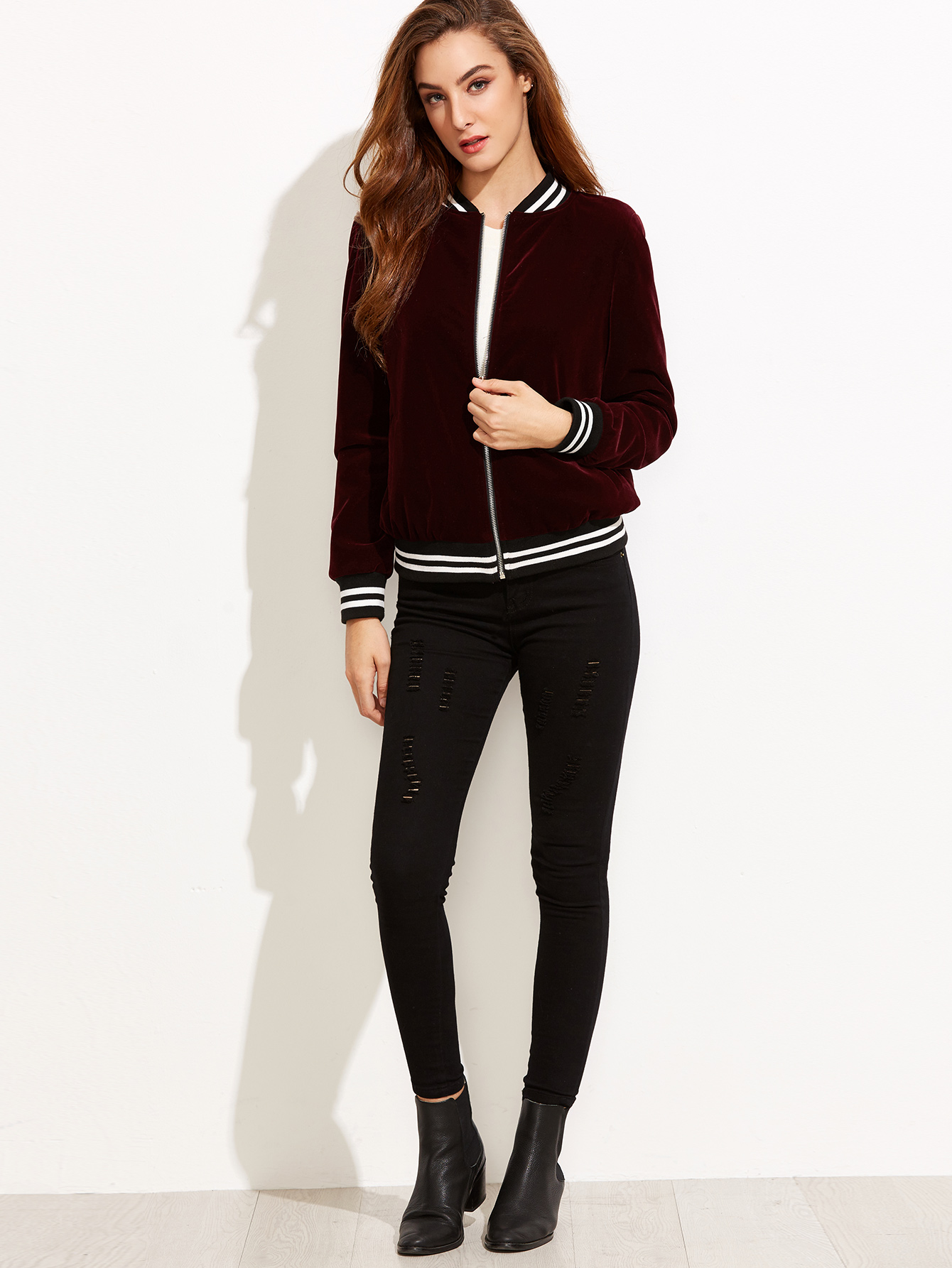 Buy Varsity Striped Velvet Bomber Jacket Online @ ₹599 from ShopClues