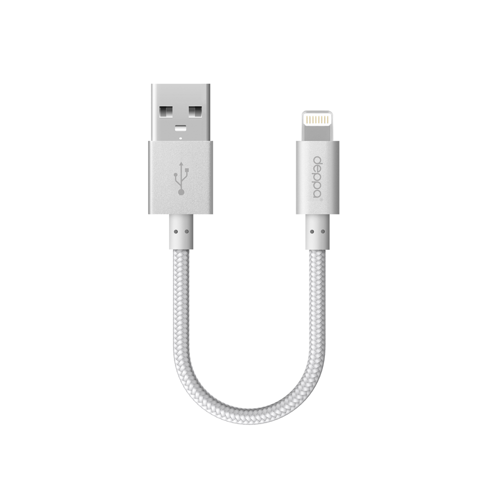 Lightning to USB synccharge cable, aluminium/nylon, 0.15m, silver, Deppa