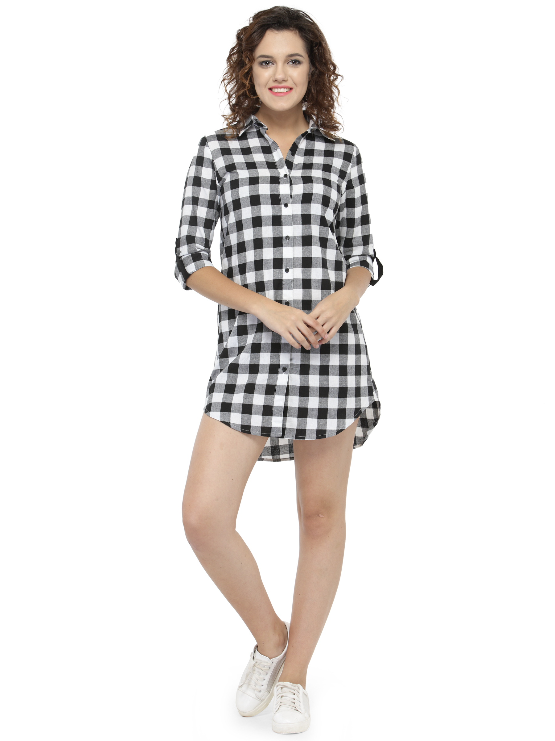 Buy Hive91 Long Black Check Shirt Dress for Women, Fold Up Sleeve, Cotton Casual Shirt Online