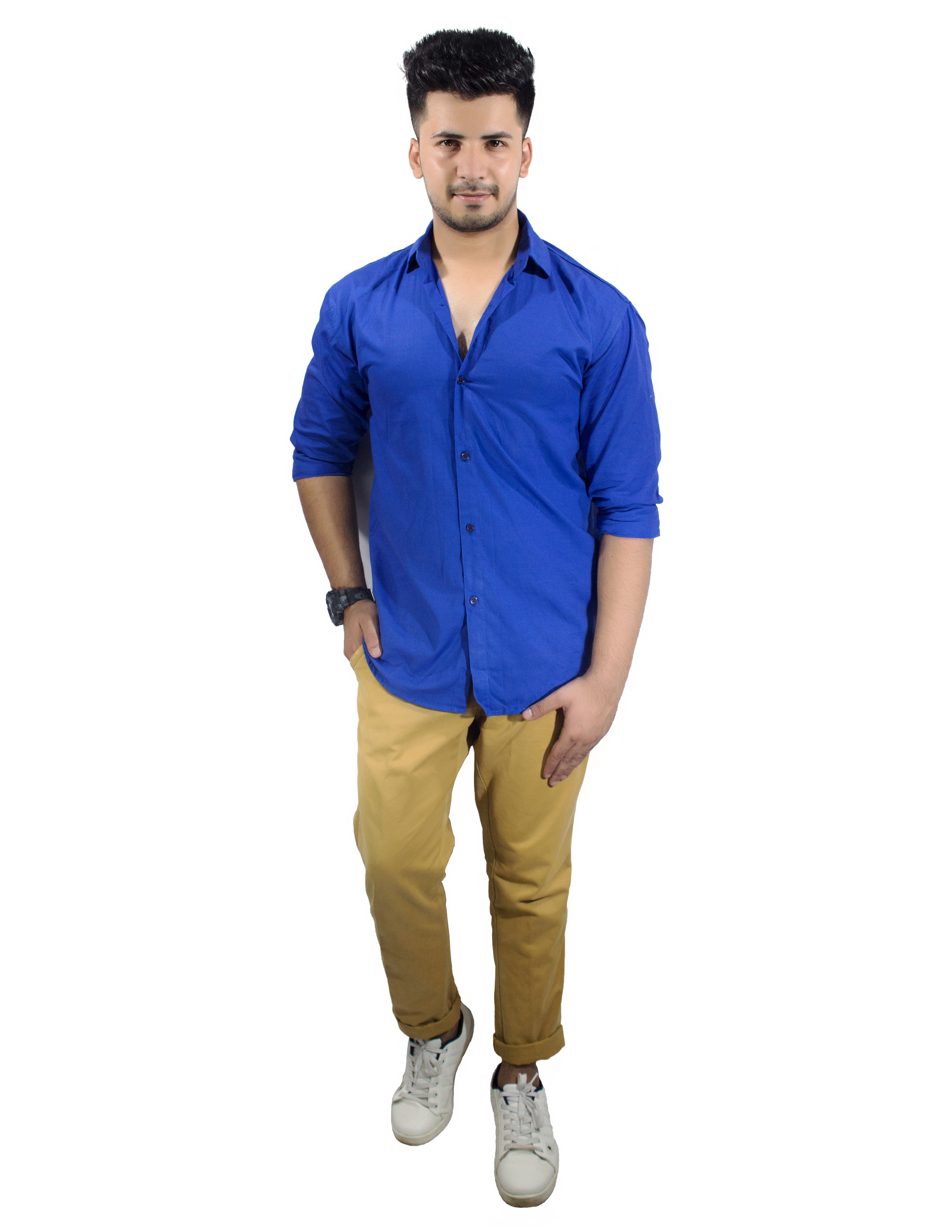 Buy Collar High Royal Blue Men Casual Poly-Cotton Shirt Online @ ₹899 ...