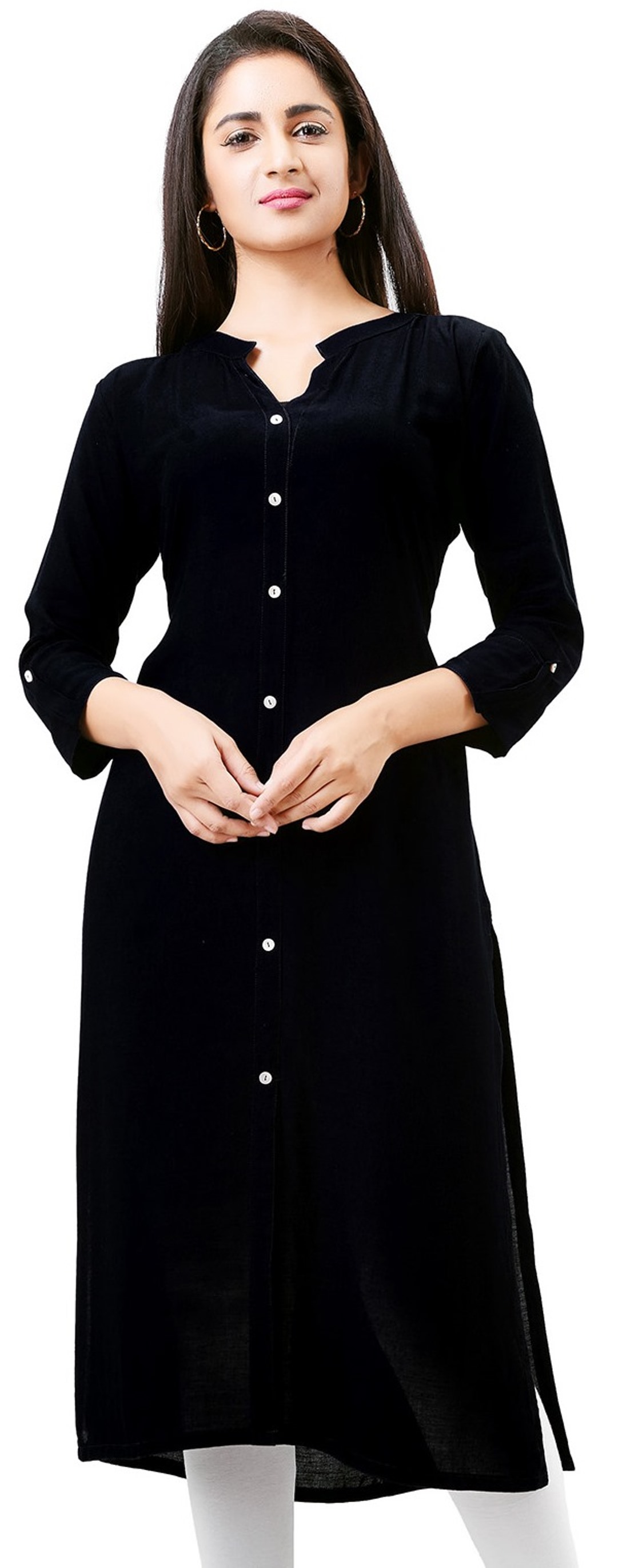 Buy Aarnaa Women Casual Kurti 3/4th Sleeve Mandarin Collar Black Rayon ...