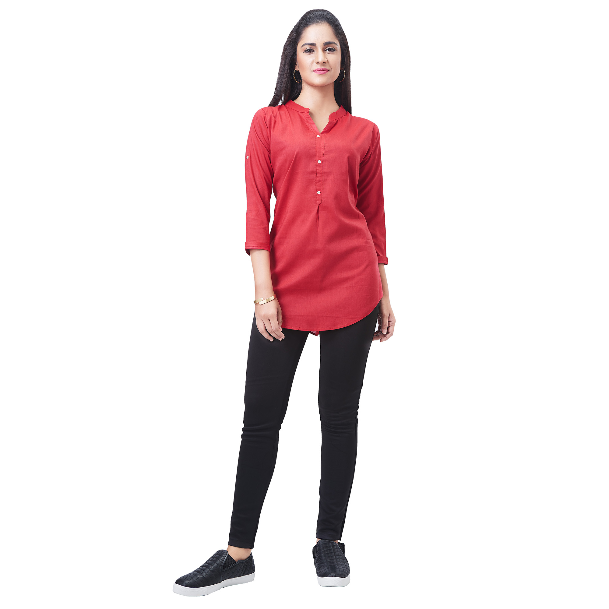 Buy Aarnaa Women Casual Tunic 3/4th Sleeve Mandarin Collar Red Muslin ...