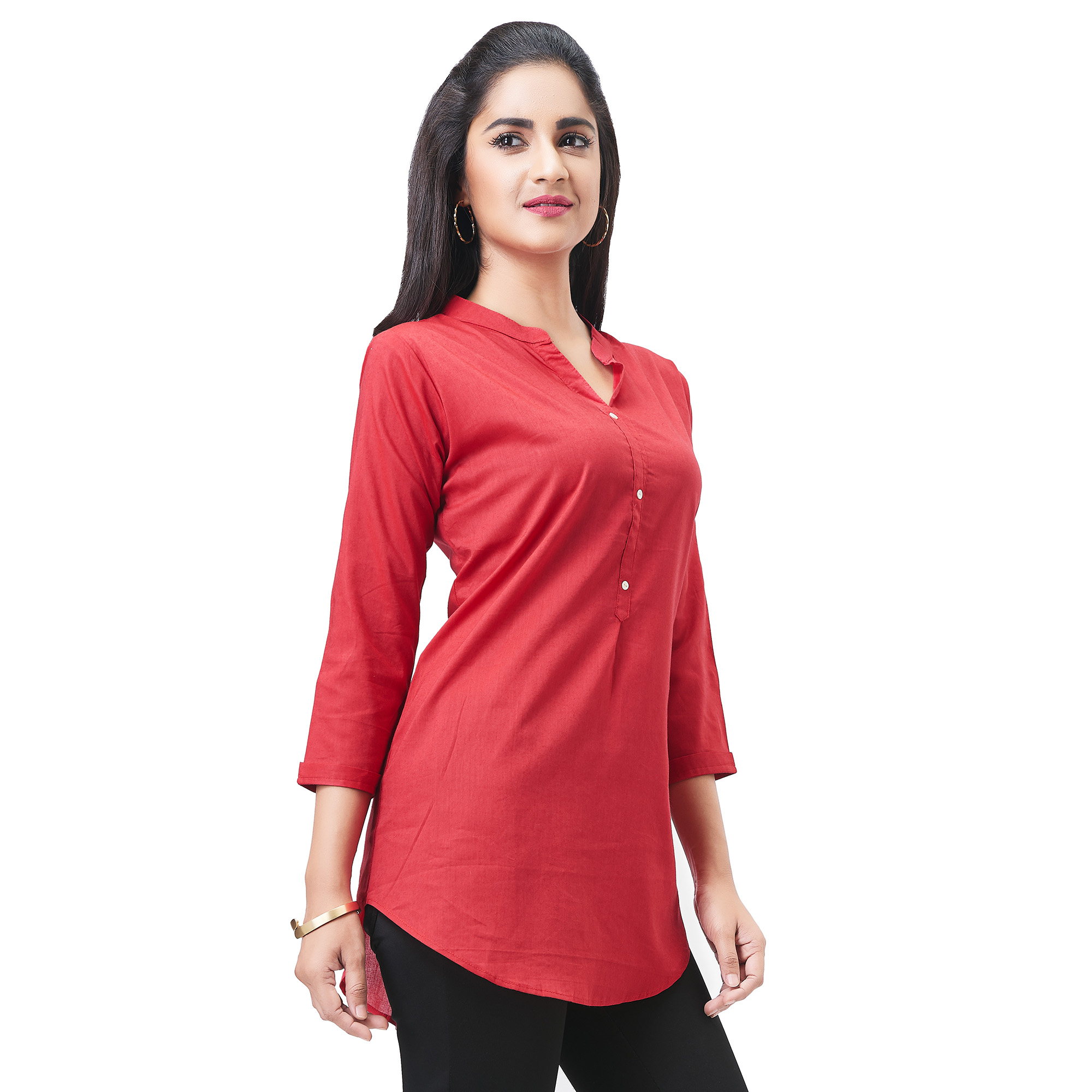 Buy Aarnaa Women Casual Tunic 3/4th Sleeve Mandarin Collar Red Muslin ...