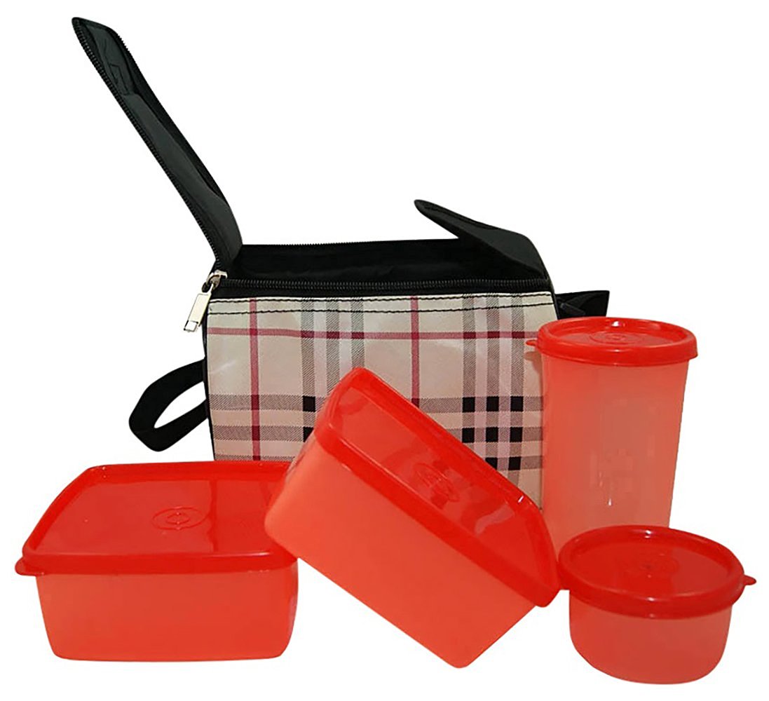 Buy Topware Plastic Check 4 Container Lunch Box with White Bag (1000 ml