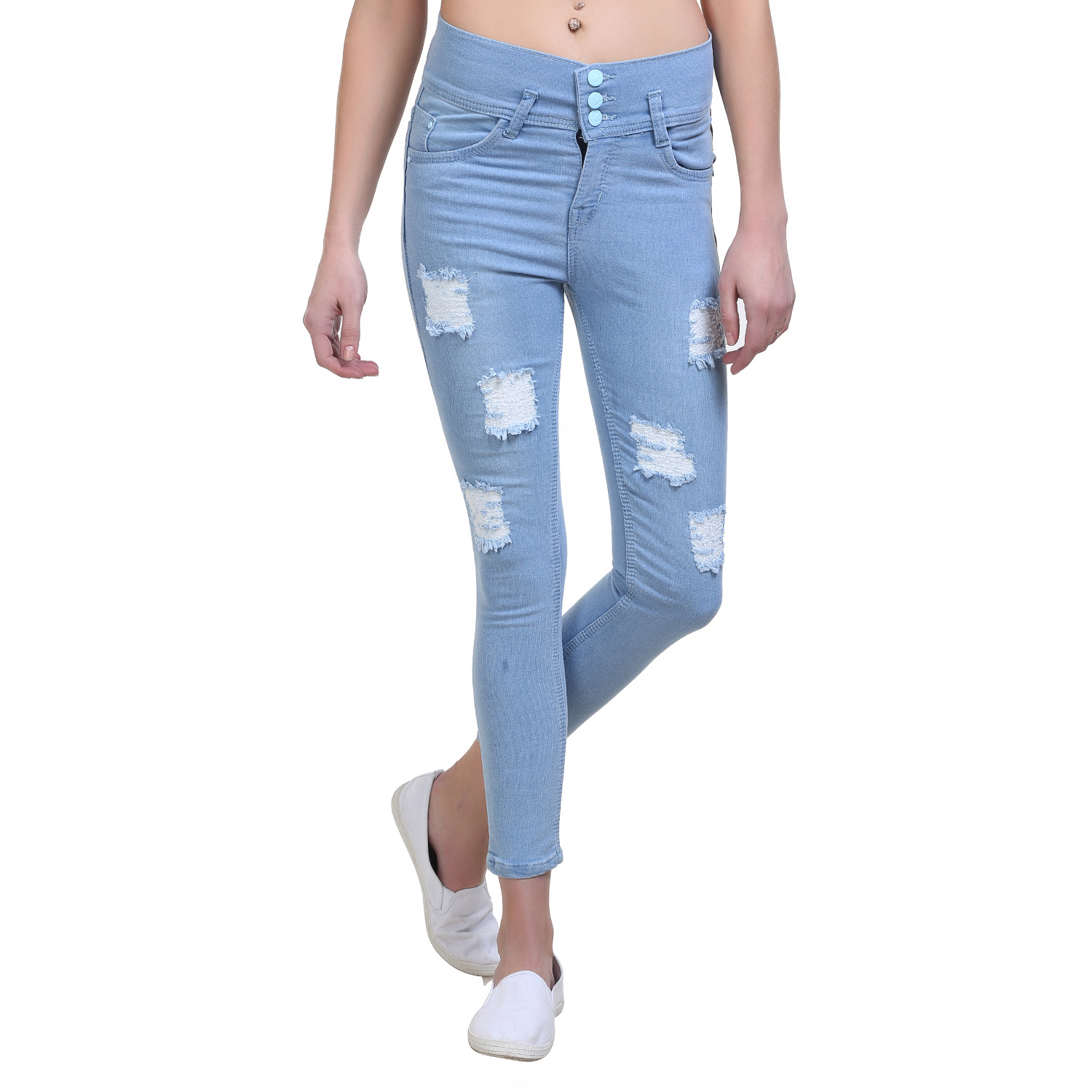 Buy Code Yellow Women's Icy Blue Color Stylish Ripped Mid-Waist Jeans ...