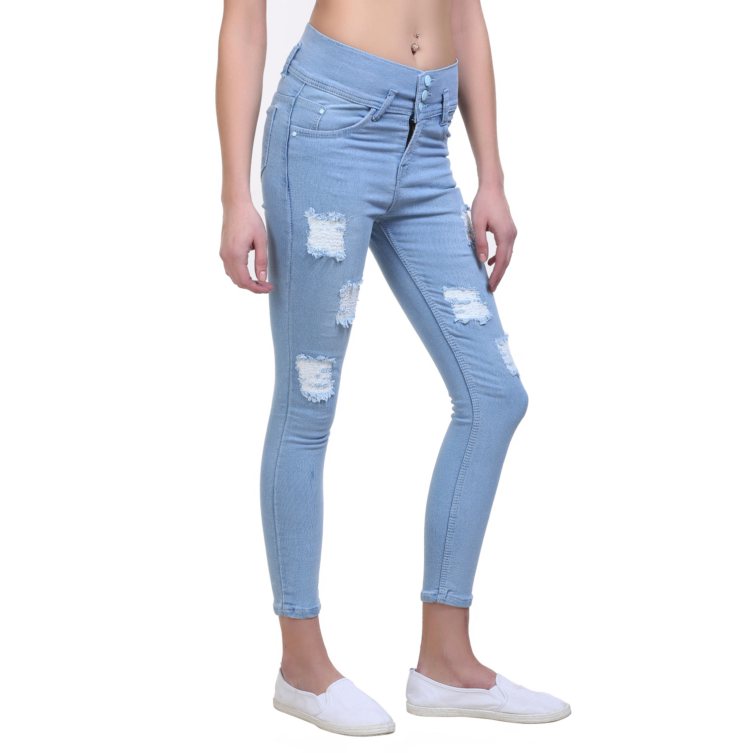 Buy Code Yellow Women's Icy Blue Color Stylish Ripped Mid-Waist Jeans ...